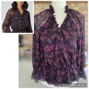 Bailey 44 Top Floral Chiffon Peplum Black Print Long Sleeve S Boho Dressy Work
